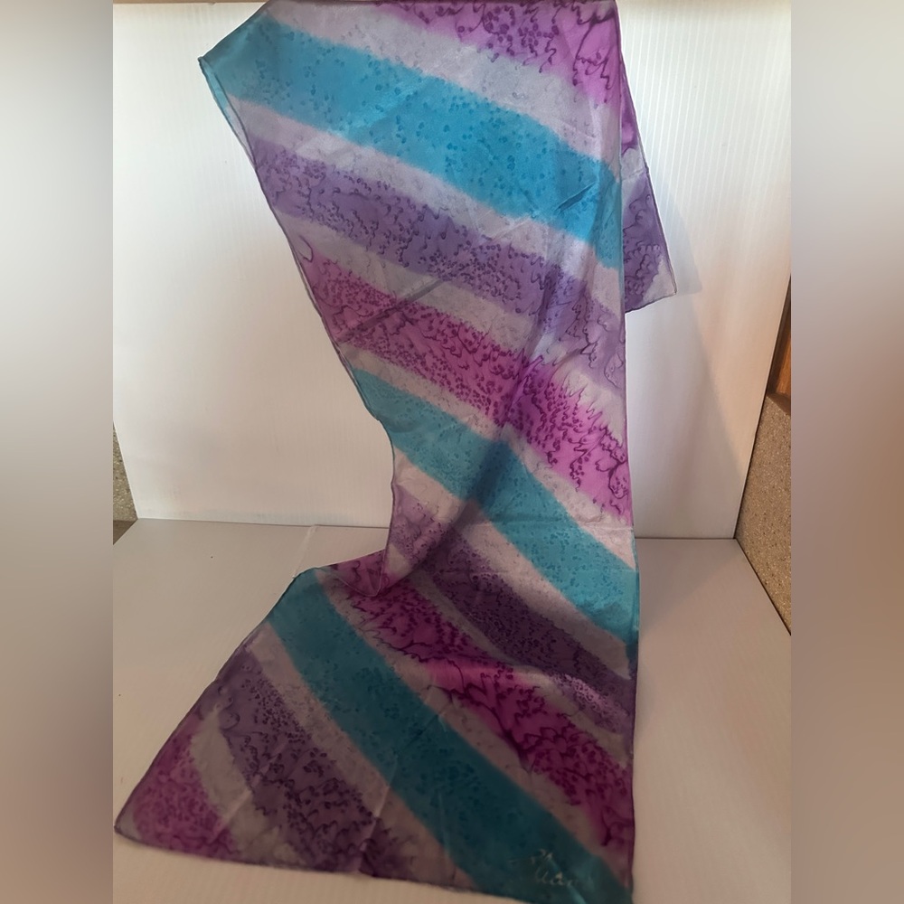 Elaine 100% Silk Blue Pink Purple Made In Japan Scarf Approx 45.5” By 11.5”
